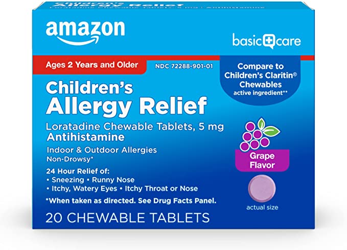 Photo 1 of Amazon Basic Care Children's Allergy Relief, Loratadine Chewable Tablets, 5 mg, Grape Flavored, 20 Count
exp: 7/2022