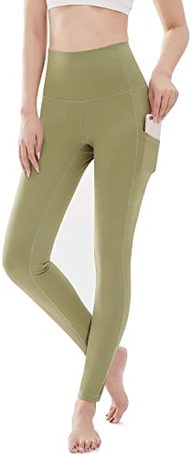 Photo 1 of SEWALU Women’s High Waist Yoga Pants with Pockets, Tummy Control Workout Leggings No See-Thru GREEN LARGE
