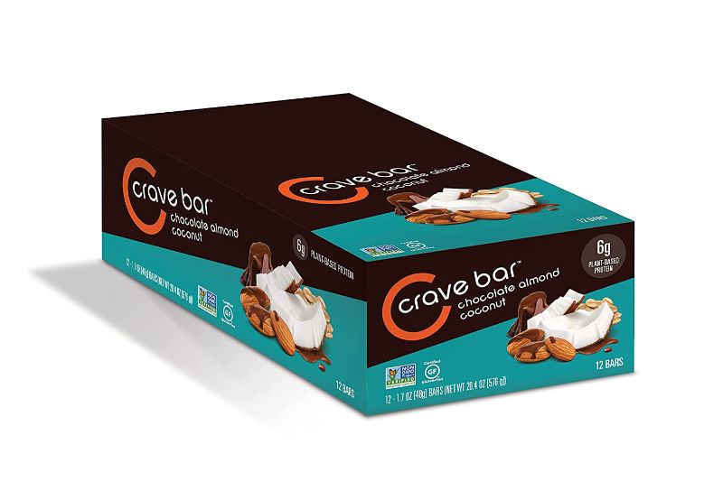 Photo 1 of CRAVE BAR - Nutrition Energy Bar, Chocolate Almond Coconut, 6g Protein, 6g Fiber, Non-GMO, Gluten-Free (Pack of 12)
--- bb may 26 2022 -- factory sealed 