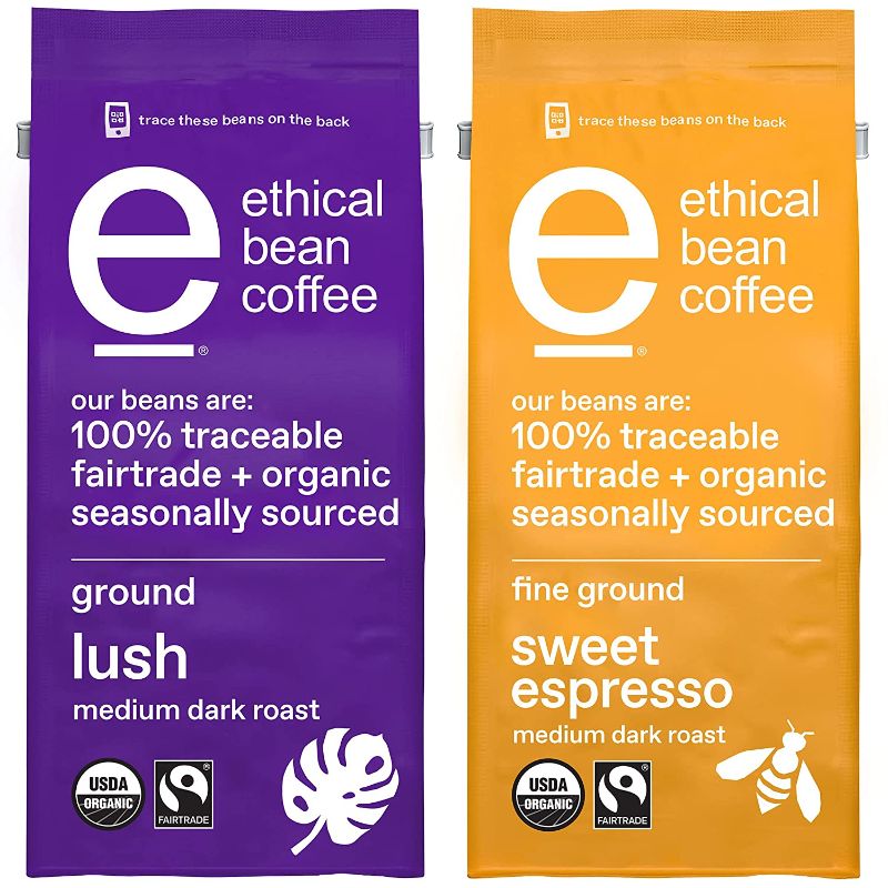 Photo 1 of Ethical Bean Medium Dark Roast Ground Coffee Variety Pack with Lush & Sweet Espresso Medium Dark Roast Fairtrade Organic Ground Coffee (2 ct Pack, 8 oz Bags)
--- bb 10 2021