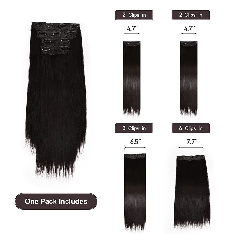 Photo 1 of Notting 24" Clip on Hair Extensions Long Straight Hair Extension Full Head Clip in Hair Synthetic Fiber Ladies Hairpieces 4PCS, Hairpiece for Women Girls Black Brown
