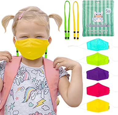 Photo 1 of Chainchilla Kids Mask with Mask Lanyards for 4-10 yrs old I Colorful Masks for Kids I Kids Reusable Face Mask I Kids Masks Washable I Pack of 5 Different Colored Children Mask and 2 Mask Lanyards 3 pack 
