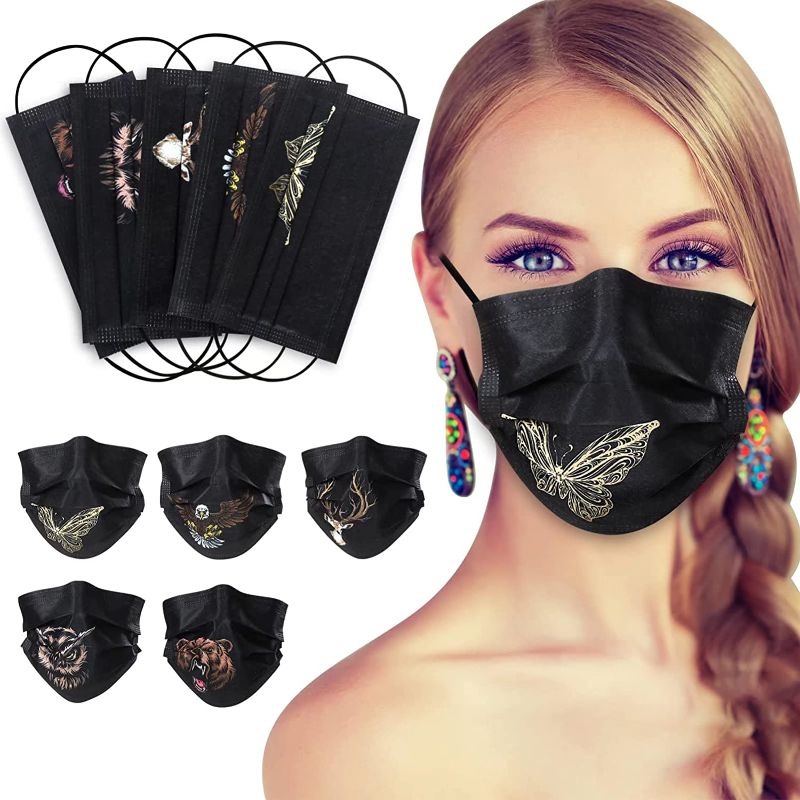Photo 1 of Black Disposable Face Mask with Designs - 50Pcs, Disposable Masks with Printed Animals Prints, Printed Adults Mask for Women and Men, Owl Face Mask, Bald Eagle, Butterfly Prints Mask 3 pack 
