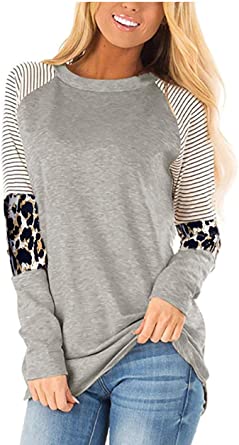 Photo 1 of Lamaolu women tops striped causal leopard print color block tunic comfy round neck long sleeve shirts blouses t shirt size L