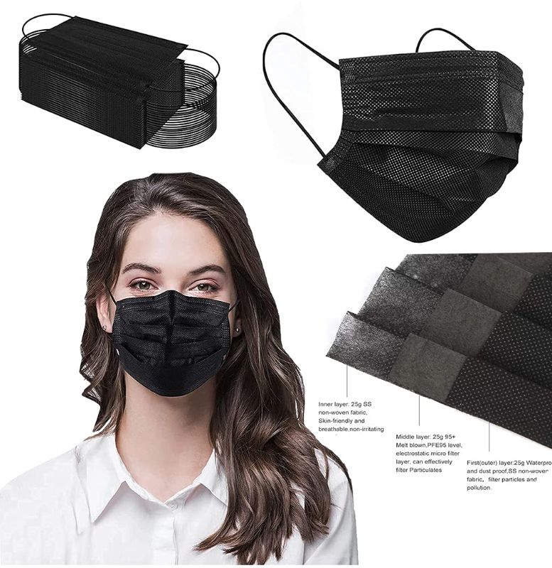 Photo 1 of Black Disposable Face Masks for 3-Ply Protection 100 Packs, Safety Masks Black Dust Disposable Masks for Men Women 3 pack 
