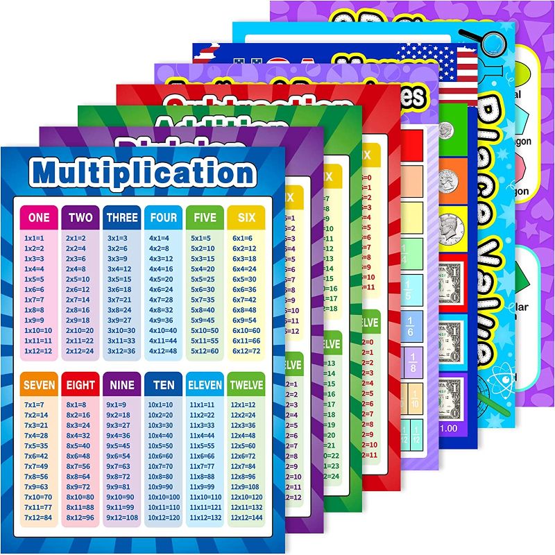 Photo 1 of Educational Math Posters for Toddlers Kids with Glue Point Dot for Elementary Middle School Classroom, Teach Multiplication Division Addition Subtraction Fractions and More (Various Style,8 Pieces)
