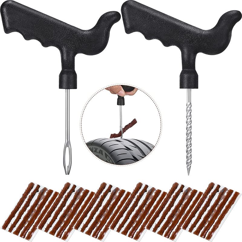 Photo 1 of 32 Pieces Tubeless Tire Repair Kit Tools Auto Tire Plug Kit with Car Tire Repair Strings Rubber Strips Plug Tool for Car, Truck, RV, SUV, ATV, Motorcycle, Tractor, Trailer Punctures Repair
