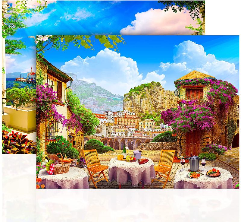 Photo 1 of Mediterranean Harbor Scenery and Tuscany Dinner 500 Piece Puzzle for Adults - 24 x 18 Inches Large Hard Double Sided Jigsaw Puzzle for Adults - Landscape Puzzle Art with Precision Cut Pieces (factory sealed) 