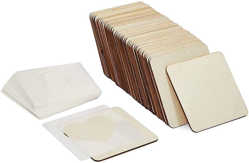Photo 1 of 50 Wooden Squares for Crafts with 41 Stencils, Tile Wall Decor (4x4 in, 91 Pieces)

