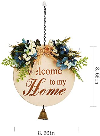 Photo 1 of Welcome sign for front door, Front door decor, Front Porch Decorations Hanging Sign Rustic Wood Hanging Sign, with Bell, Outdoor Welcome Wreath for Porch
