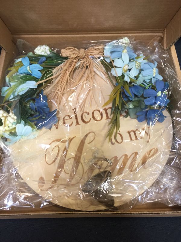 Photo 1 of Welcome sign for front door, Front door decor, Front Porch Decorations Hanging Sign Rustic Wood Hanging Sign, with Bell, Outdoor Welcome Wreath for Porch
