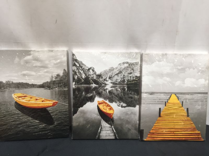 Photo 2 of Black and White golden yellow boat Coastal sea Landscape 3 Panels Canvas Wall Art for Living Room Bedroom mural wall decorations Print Picture Artwork Bathroom wall decor Modern Seaview Wall Painting
