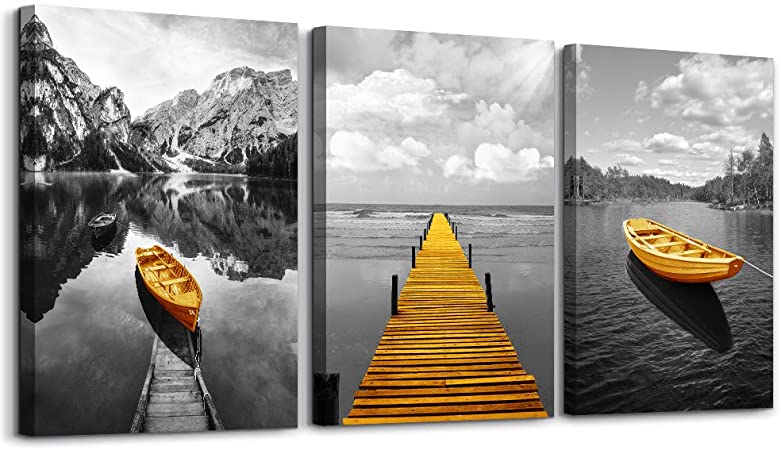 Photo 1 of Black and White golden yellow boat Coastal sea Landscape 3 Panels Canvas Wall Art for Living Room Bedroom mural wall decorations Print Picture Artwork Bathroom wall decor Modern Seaview Wall Painting
