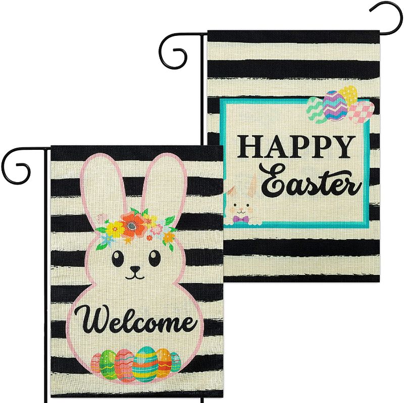 Photo 1 of GROBRO7 2Pcs Happy Easter Garden Flag Burlap Stripe Welcome Garden Flag with Rabbit Flowers Eggs House Decorative Yard Decoration Double Sided Print Seasonal Outdoor Décor for Easter Holiday 12”x18”
