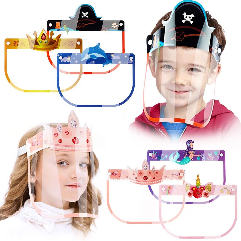 Photo 1 of 6PCS Kids' Cartoon Safety Face Shields Wrap-Around Protection Breathable Full Cover Clear Vision Reusable Lightweight Elastic Headband Padding Comfortable Fit Crown Unicorn Mermaid Pirate Boys & Girls
