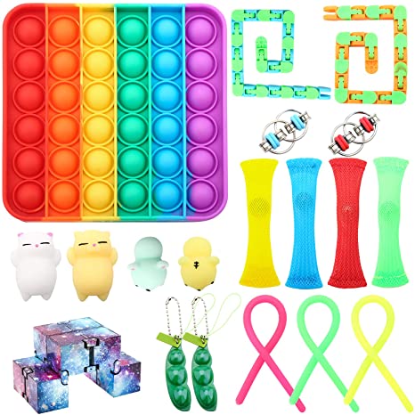 Photo 1 of 19PCs Sensory Fidget Toys Set, Stress Relief and Anti-Anxiety Tools Bundle for Kids and Adults with ADD? Rainbow Push Pop Bubble, Infinity Cube, Stretchy String, Flippy Chain, Soybean Squeeze and more
