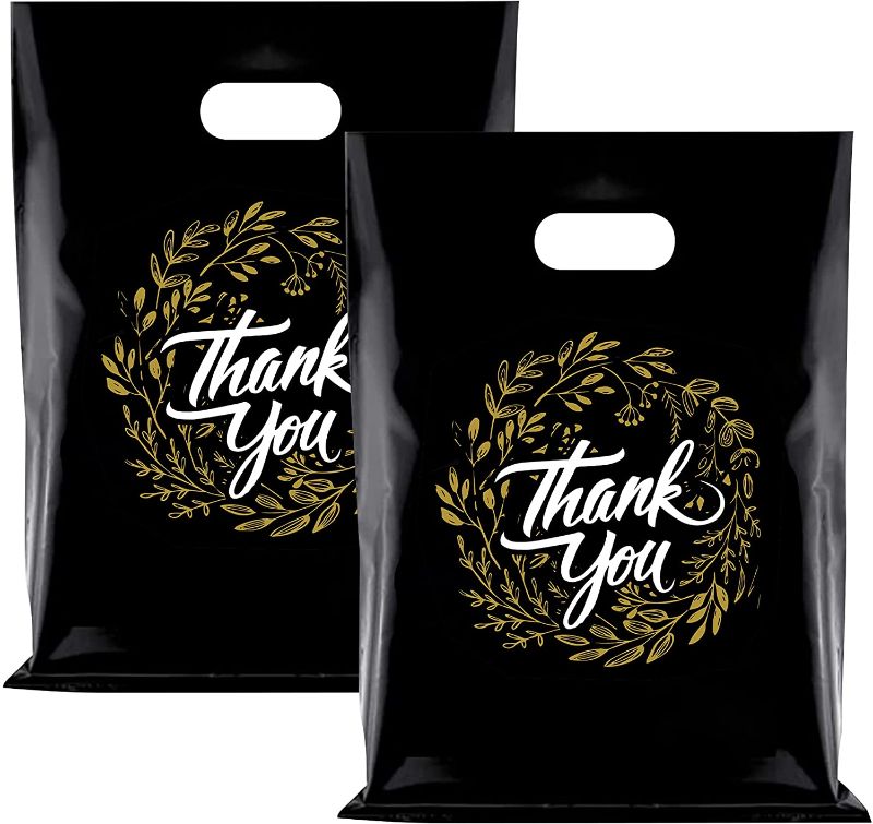 Photo 1 of 100 Pcs Thank You Gift Bags, Plastic Thank You Bags, Black Shopping Bags, Die Cut Bags, Merchandise Bags, Boutique Bags, Reusable Plastic Bags, Goodie Bags, 12 x 16 Inches
