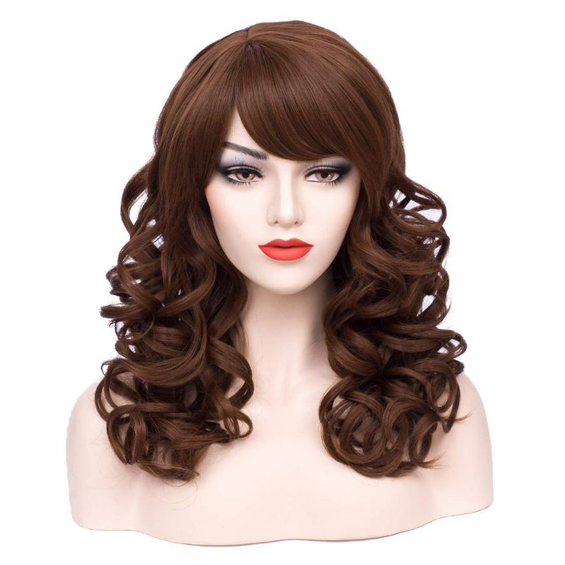 Photo 1 of PATTNIUM Shoulder Length Curly Wig With Bangs for Women and Girls Synthetic Cosplay Costume Wig (Brown)
