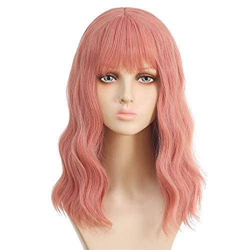 Photo 1 of Pink Wig Curly Wavy Wigs for Women Synthetic Cosplay Wig Short Bob Wigs Bright Pink Women's Shoulder Length Middle Part Pastel for Girl Colorful Costume Wigs 17 Inch(Bright Pink?
