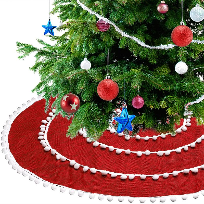 Photo 1 of 48 Inch Christmas Tree Skirt, Red Tree Skirt with Pom Pom Trim, Double Layer Christmas Tree Skirt for Christmas Winter New Year Holiday Party Decorations Ornaments Indoor Outdoor