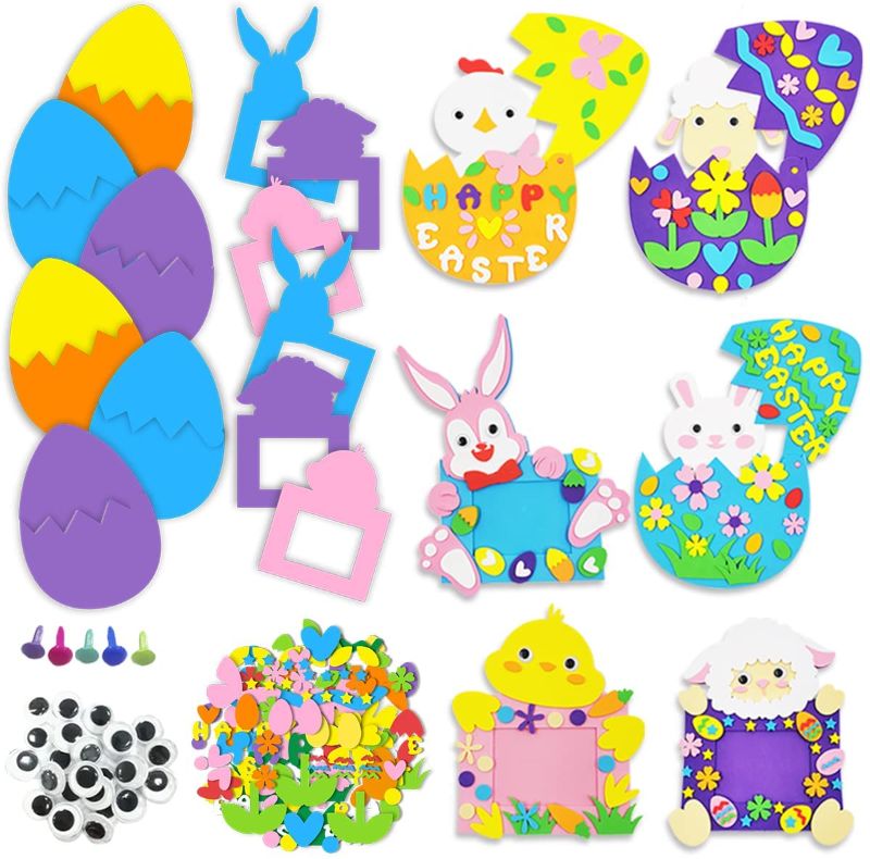 Photo 1 of  Easter Crafts for Kids Foam DIY Craft Kits Easter Hatching Egg Bunny Chick Goat Photo Frames Self-Adhesive Multi-Color Foam Art for Easter Party Home Decor (12PCS )