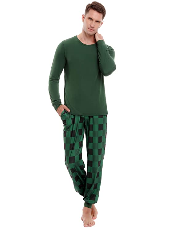 Photo 1 of IREVAIL CHRISTMAS PAJAMA SET FOR MEN, DADS LONG SLEEVE CREWNECK HOLIDAY FAMILY MATCHING SETS 2 PIECE SLEEPWEAR WITH PLAID PANT SIDE POCKET COTTON JAMMIES GREEN SIZE SMALL