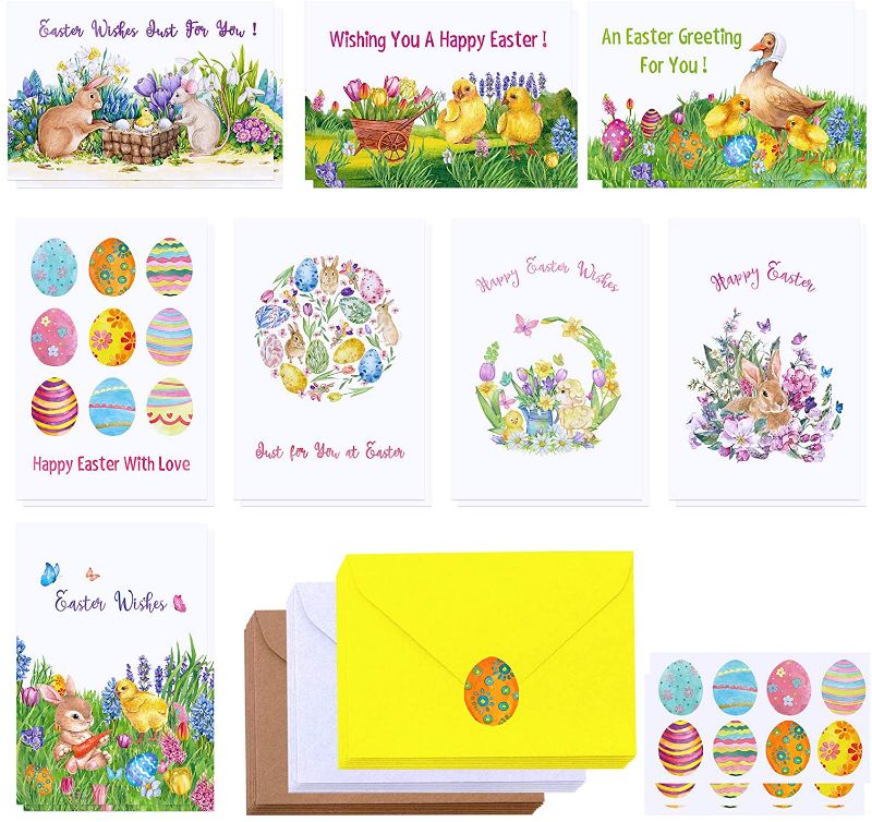 Photo 1 of 120 Sets Easter Cards with Envelopes Stickers Assortment Bulk 8 Designs of Watercolor Bunnies Eggs Chicks Lamb Blank Greeting Cards Holiday Cards Note Cards 4" x 6" for Easter Day Spring
