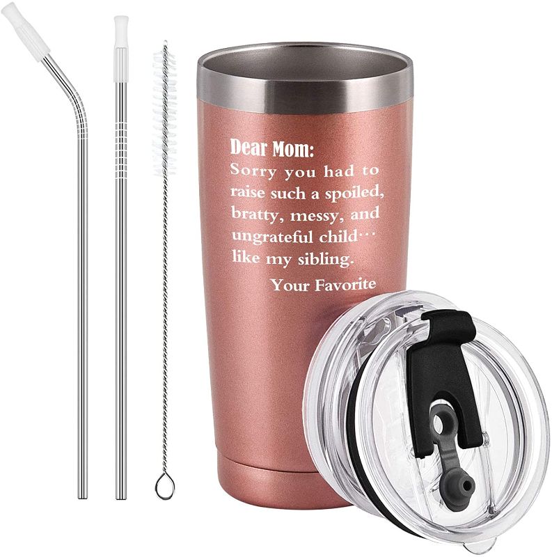 Photo 1 of  Mother's Day Gifts for Mom, Dear Mom Stainless Steel Travel Tumbler, Birthday Mother's Day Gifts for Mom Mother New Mom Mama To Be Her, 20oz Insulated Travel Tumbler with Lids, Rose Gold
