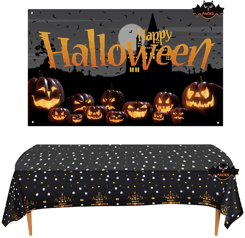 Photo 1 of 2022 Halloween Decorations,Halloween tablecloth and Halloween Backdrop,Halloween Table Covers and Banner,2 PCS Halloween Tablecloth and 1 PCS Photography Backdrop,Halloween Decorations for Party Decor
