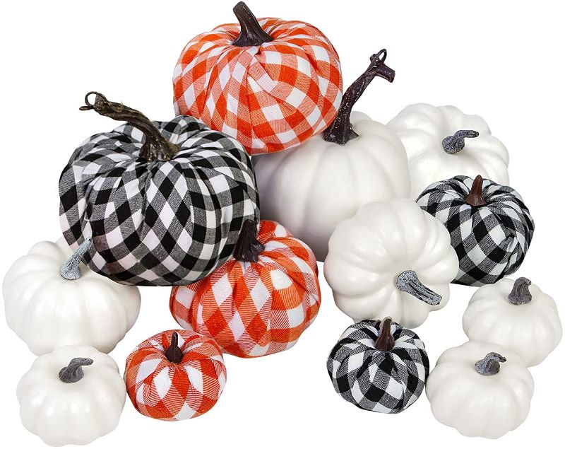 Photo 1 of 13 Pcs Pumpkin Decor, Artificial Pumpkins Bufflo Plaid White Black Pumpkins Fake