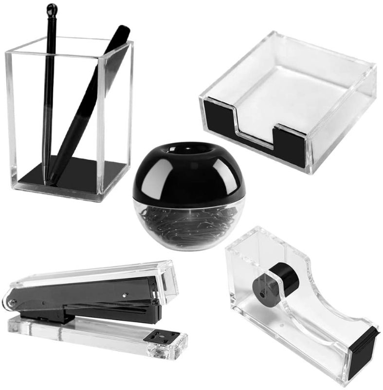 Photo 1 of Multibey Clear Acrylic Office Supplies for Desk, Black Desktop Accessories Stationery of Pen Holder, Stapler, Paper Clips with Clips, Sticky Notes Pad Holder, Tape Dispenser (Black, 5 PCS)