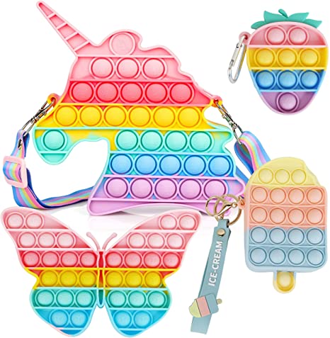 Photo 1 of Artifactz Pop It Fidget Toys - Pop Its Fidgets Toy Pack - Including 4 Sensory Toys - Pop It Unicorn Purse - Ice Cream Coin Purse - Butterfly Toy - Strawberry Keychain,Pink, Yellow, Blue, Green
