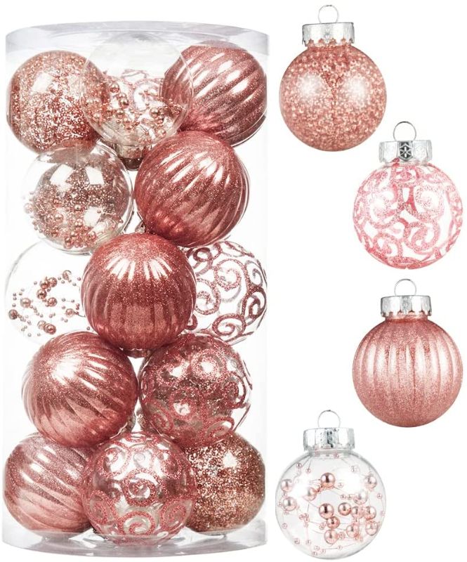 Photo 1 of XmasExp 20ct Christmas Ball Ornaments Set -Clear Plastic Shatterproof Xmas Tree Ball Hanging Baubles Stuffed Delicate Glittering for Holiday Wedding Xmas Party Decoration (80mm/3.15",Rose Gold)
