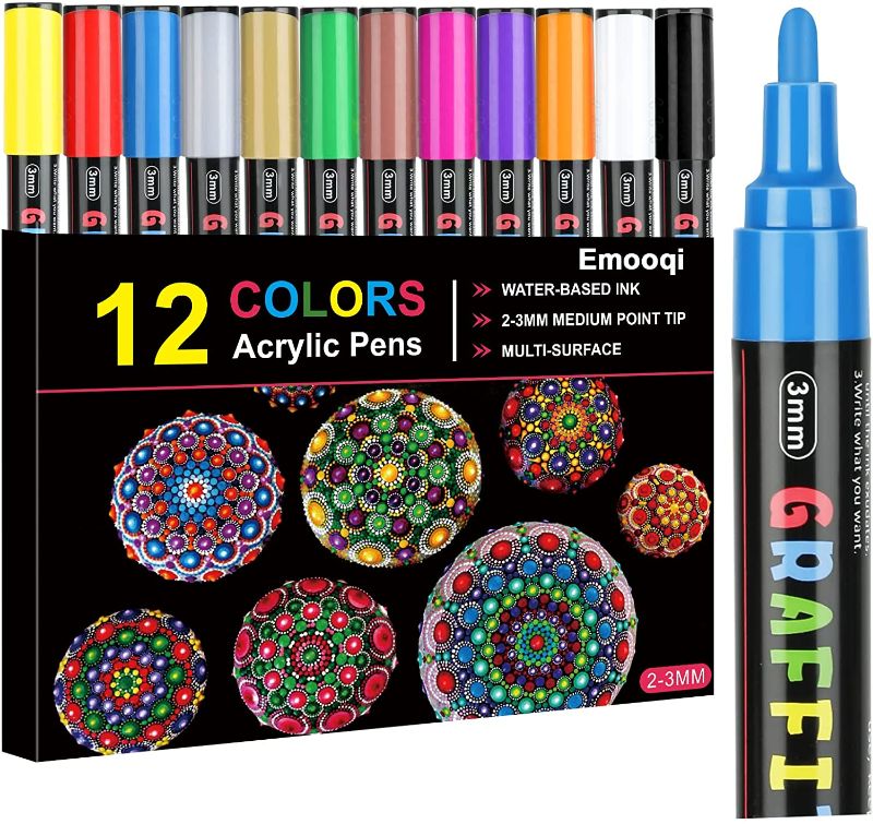 Photo 1 of Acrylic Paint Pens, Emooqi 12 Colors Acrylic Paint Pens Markers Pens for Rocks, Craft, Ceramic, Glass, Wood, Fabric, Canvas -Art Crafting Supplies FACTORY SEALED