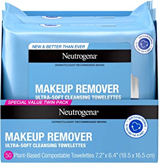 Photo 1 of "Neutrogena Makeup Remover Cleansing Face Wipes, Daily Cleansing Facial Towelettes to Remove Waterproof Makeup and Mascara, Alcohol-Free, Value Twin Pack, 25 Count, 2 Pack"
