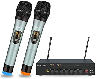 Photo 1 of Bietrun UHF Dual Channel Wireless Microphones with Echo/Treble/Bass?Bluetooth, Easy-to-Use, 160 ft Range, 1/8''?1/4''Output, Metal Cordless Handheld Dynamic Mics for Church, Meeting, Wedding, Karaoke

