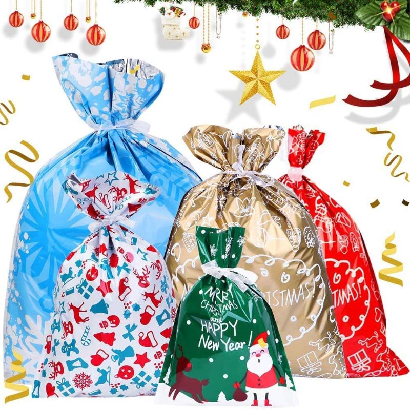 Photo 1 of Christmas Wrapping Gift Bags BESTZY 18PCS Xmas Gift Bag Christmas Goody Bags Holiday Treats Bags Drawstring Gift Bags Christmas Party Favor Pouch Goody Bags with Ribbon Ties(5 Styles)
