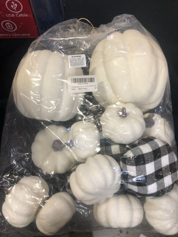 Photo 2 of 16 PCS Artificial White Pumpkins Buffalo Plaid Pumpkins Bulk Faux Harvest Pumpkins for Fall Wedding Thanksgiving Halloween Seasonal Holiday Tabletop Decoration
