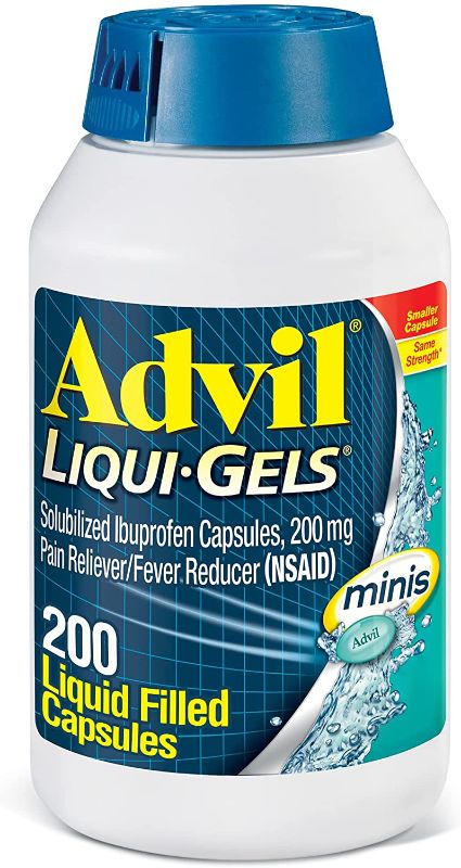 Photo 1 of Advil Liqui-Gels minis Pain Reliever and Fever Reducer, Pain Medicine for Adults with Ibuprofen 200mg for Pain Relief - 200 Liquid Filled Capsules
