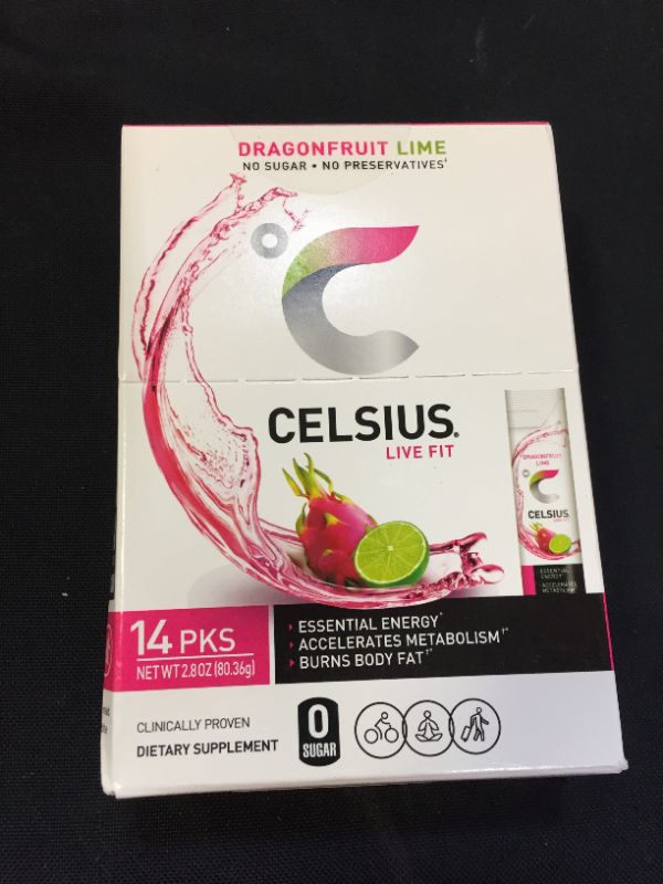 Photo 2 of CELSIUS Dragonfruit Lime On-the-Go Powder Stick Packs, Zero Sugar (14 Sticks per Pack)
EXP JULY 2023