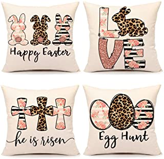 Photo 1 of 4TH Emotion Spring Easter Pillow Covers 18x18 Set of 4 Farmhouse Decor Decoration Cushion Case for Sofa Couch Polyester Linen(Happy Bunny, Love Rabbit, He is Risen, Egg Hunt)
