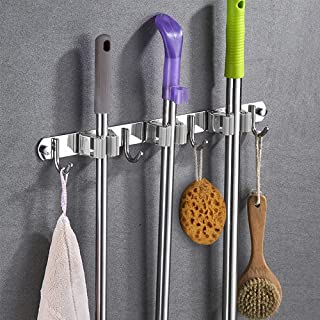 Photo 1 of Broom Mop Holder 304 Stainles Wall Mount Stainless Steel Tool Hanger Storage Organizer for Home, Kitchen, Garage, Garden, Laundry Room, Bathroom etc (3 Racks 4 Hooks)
