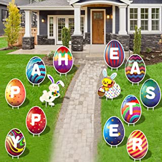 Photo 1 of 13 PCS Easter Yard Decorations Large Yard Signs, Happy Easter Yard Sign with Stakes Outdoor Decor, Easter Bunny, Easter Chick, and Happy Easter Letters for Home Lawn Party Supplies 14.2 "* 10.9" 11Pcs happy Easter eggs and 14.2 "* 10.9" 2 cartoon art anim