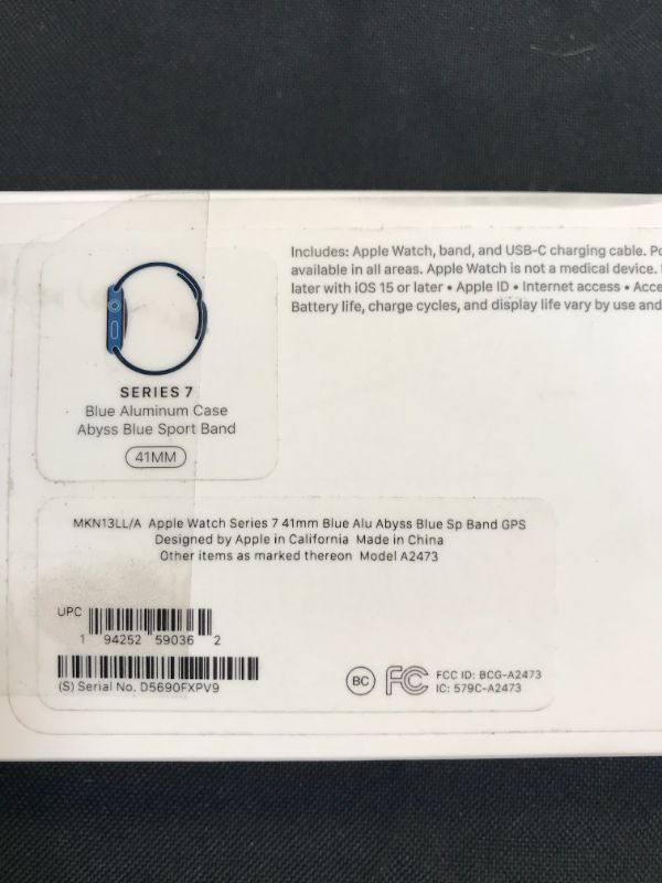 Photo 2 of Apple Watch Series 7 [GPS 41mm] Smart Watch w/Blue Aluminum Case with Abyss Blue Sport Band. Fitness Tracker, Blood Oxygen & ECG Apps, Always-On Retina Display, Water Resistant ( BOX IS DAMAGED BUT ITEM IS FACTORY SEALED ) 
