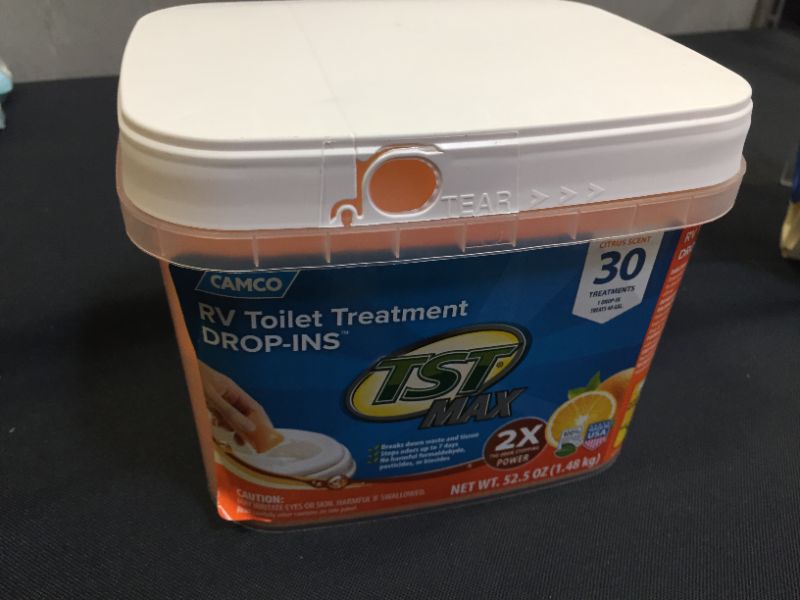 Photo 2 of Camco TST Ultra-Concentrated Orange Citrus Scent RV Toilet Treatment Drop-Ins, Formaldehyde Free, Breaks Down Waste And Tissue, Septic Tank Safe, 30-Pack (41183)