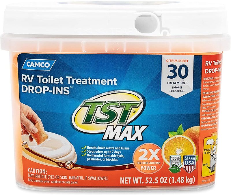 Photo 1 of Camco TST Ultra-Concentrated Orange Citrus Scent RV Toilet Treatment Drop-Ins, Formaldehyde Free, Breaks Down Waste And Tissue, Septic Tank Safe, 30-Pack (41183)