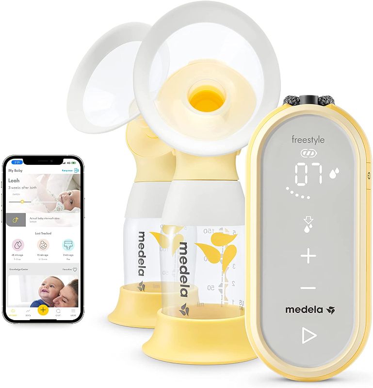 Photo 1 of Medela Freestyle Flex Breast Pump, Closed System Quiet Handheld Portable Double Electric Breastpump, Mobile Connected Smart Pump with Touch Screen LED Display and USB Rechargeable Battery