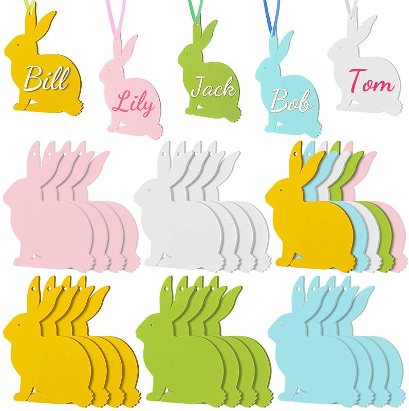 Photo 1 of 20 Pieces Easter Basket Name Tag Personalized Bunny Easter Tags Wooden Rabbit Easter Blank Sign Hanging Tag for Easter Bucket Decoration