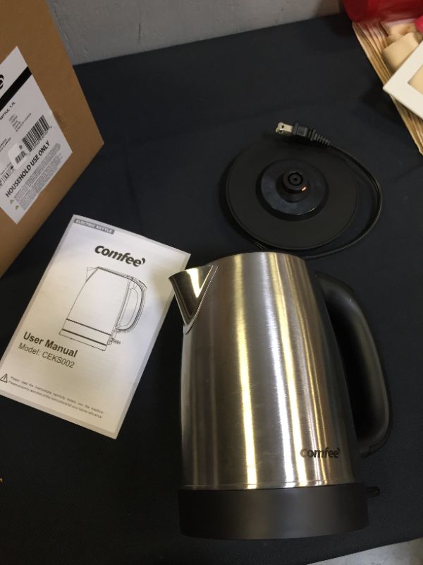 Photo 2 of Comfee 1.7L Stainless Steel Electric Tea Kettle, BPA-Free Hot Water Boiler, Cordless with LED Light, Auto Shut-Off and Boil-Dry Protection, 1500W Fast Boil