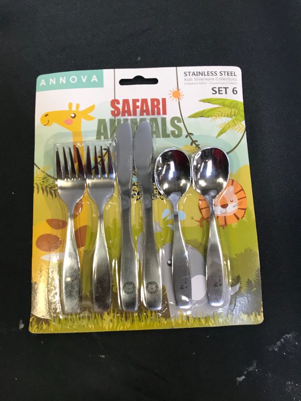 Photo 2 of ANNOVA Kids Silverware 6 Pieces Children's Safe Flatware Set Stainless Steel - 2 x Safe Forks, 2 x Table Knife, 2 x Tablespoons, Toddler Utensils Safari, for Lunchbox (Etched Elephant, Giraffe, Lion)
